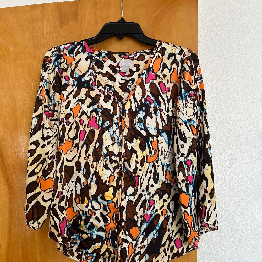 Chicos Top Womens Size 1  Orange/Brn V Neck 3/4 Sleeve Thin